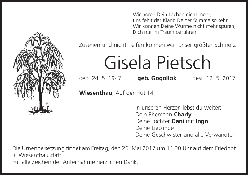  Traueranzeige für Gisela Pietsch vom 22.05.2017 aus MGO