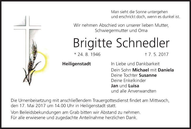  Traueranzeige für Brigitte Schnedler vom 13.05.2017 aus MGO