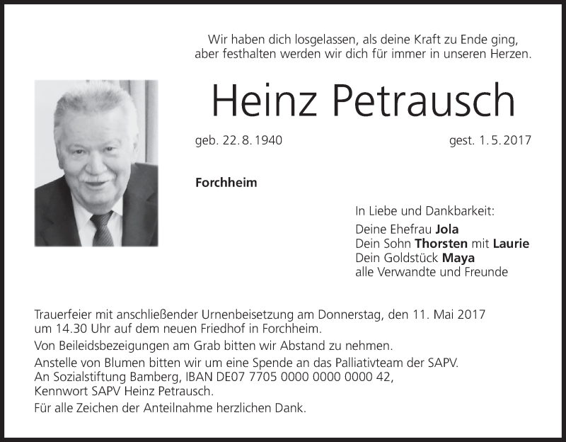  Traueranzeige für Heinz Petrausch vom 06.05.2017 aus MGO
