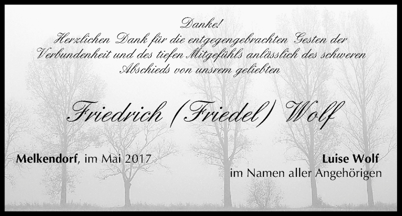 Traueranzeige für Friedrich Wolf vom 27.05.2017 aus MGO