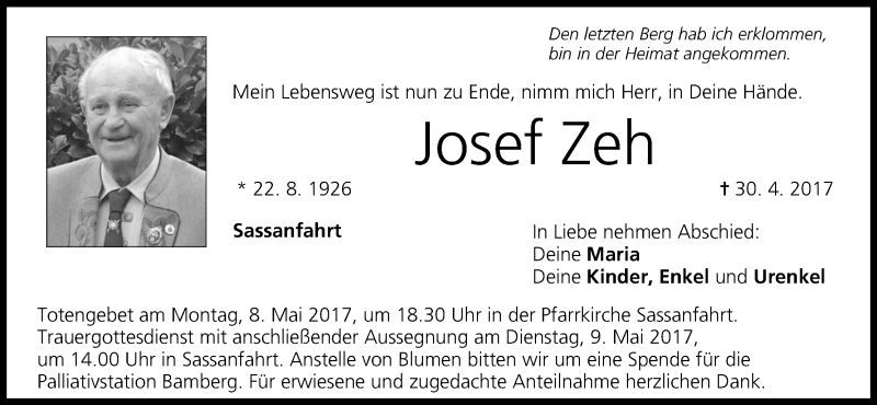 Traueranzeige für Josef Zeh vom 04.05.2017 aus MGO