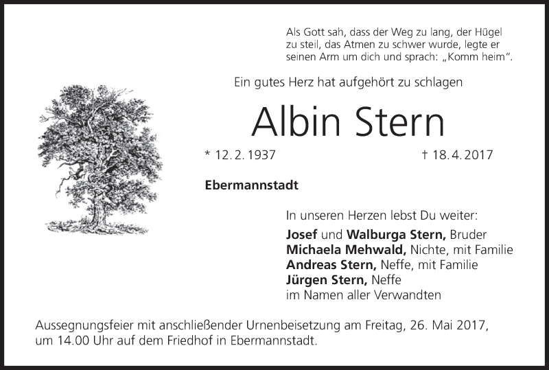  Traueranzeige für Albin Stern vom 04.05.2017 aus MGO
