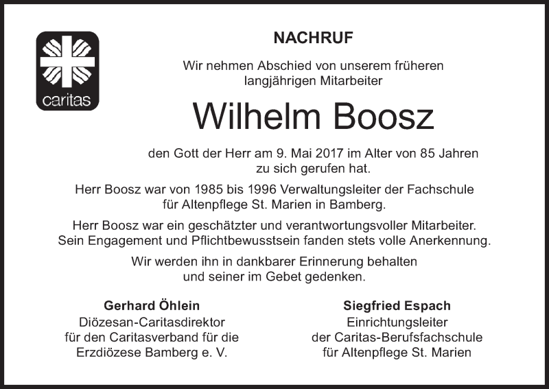  Traueranzeige für Wilhelm Boosz vom 12.05.2017 aus MGO