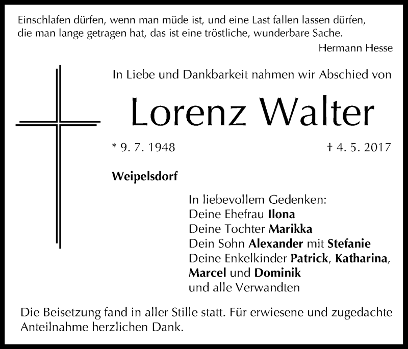  Traueranzeige für Lorenz Walter vom 13.05.2017 aus MGO