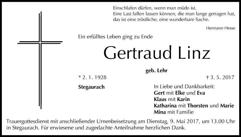  Traueranzeige für Gertraud Linz vom 06.05.2017 aus MGO