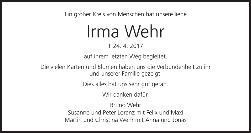  Traueranzeige für Irma Wehr vom 13.05.2017 aus MGO