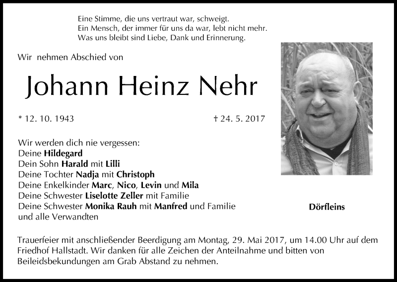  Traueranzeige für Johann Heinz Nehr vom 27.05.2017 aus MGO