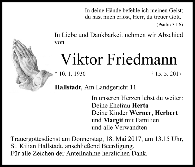  Traueranzeige für Viktor Friedmann vom 16.05.2017 aus MGO