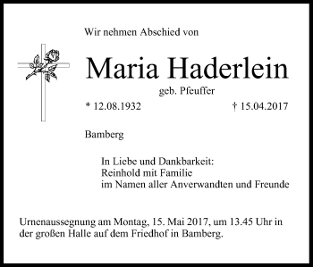 Traueranzeige von Maria Haderlein