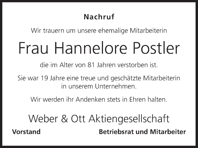  Traueranzeige für Hannelore Postler vom 27.05.2017 aus MGO