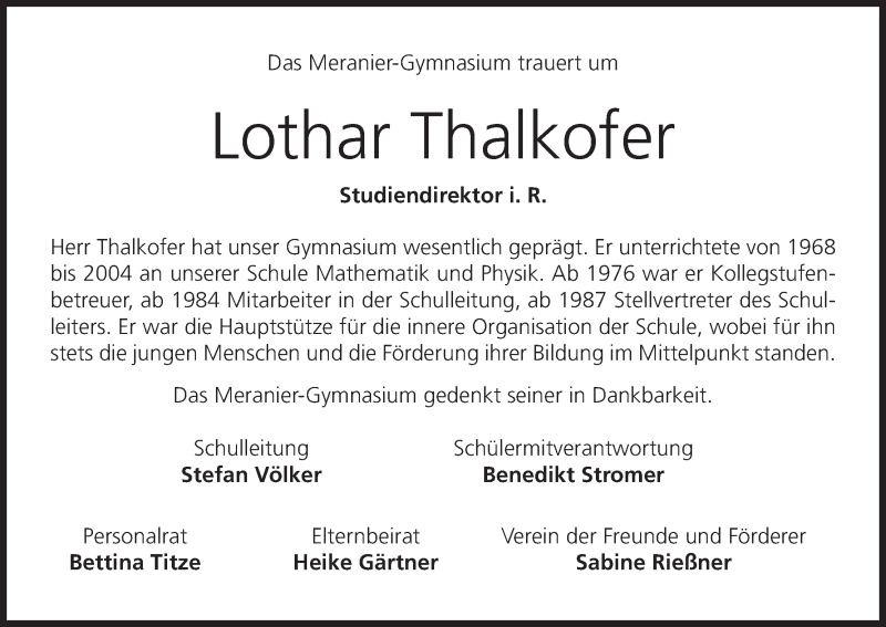  Traueranzeige für Lothar Thalkofer vom 18.05.2017 aus MGO