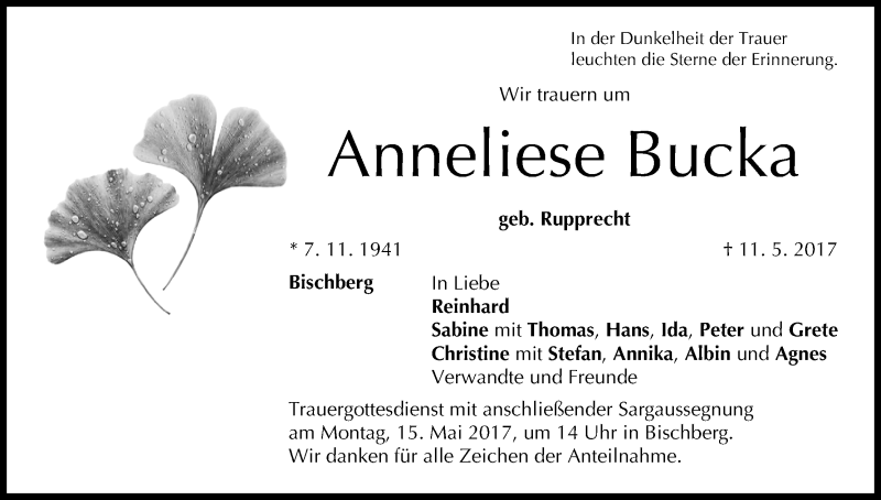  Traueranzeige für Anneliese Bucka vom 13.05.2017 aus MGO
