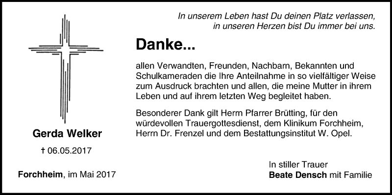  Traueranzeige für Gerda Welker vom 27.05.2017 aus MGO