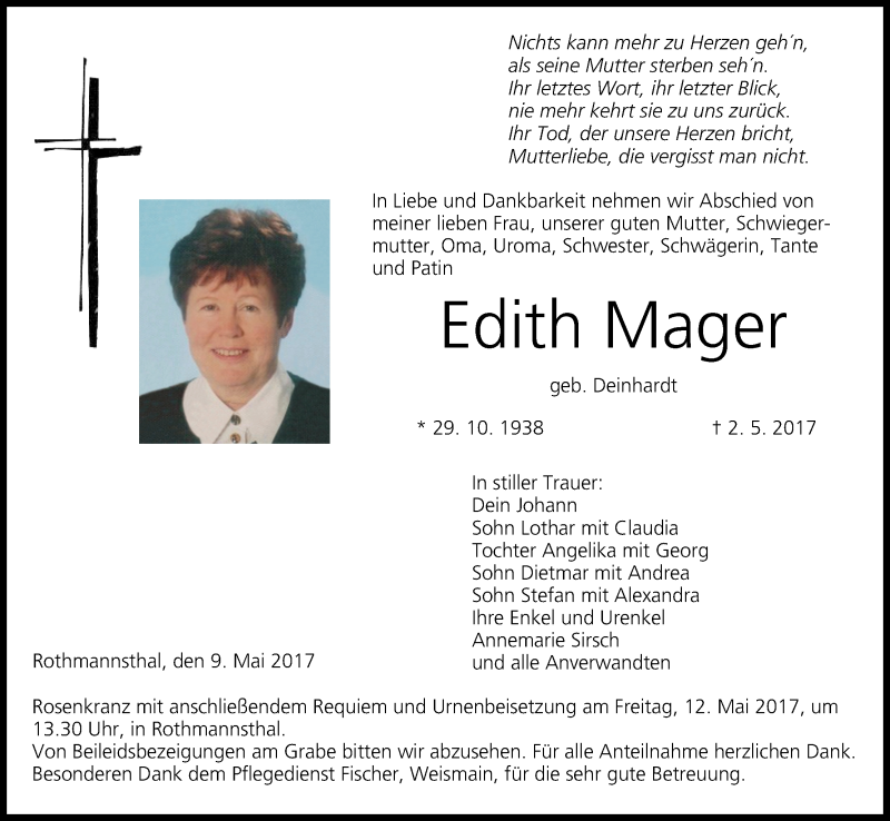  Traueranzeige für Edith Mager vom 10.05.2017 aus MGO