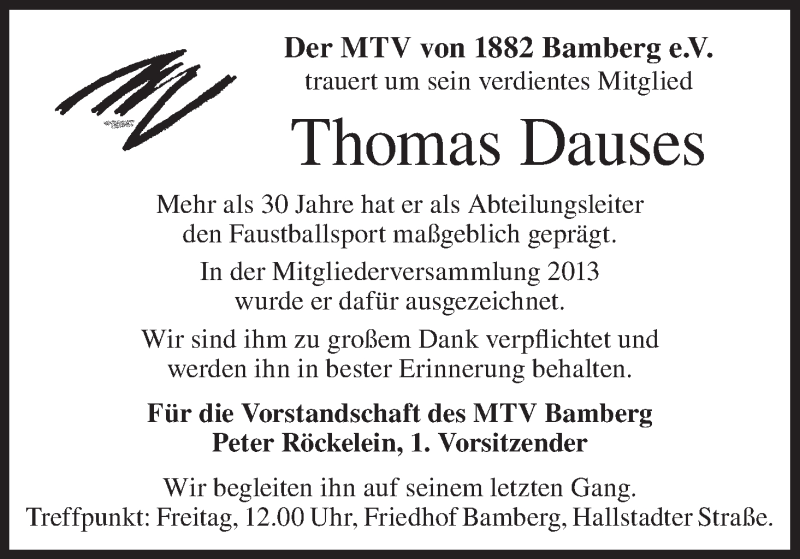  Traueranzeige für Thomas Dauses vom 10.05.2017 aus MGO