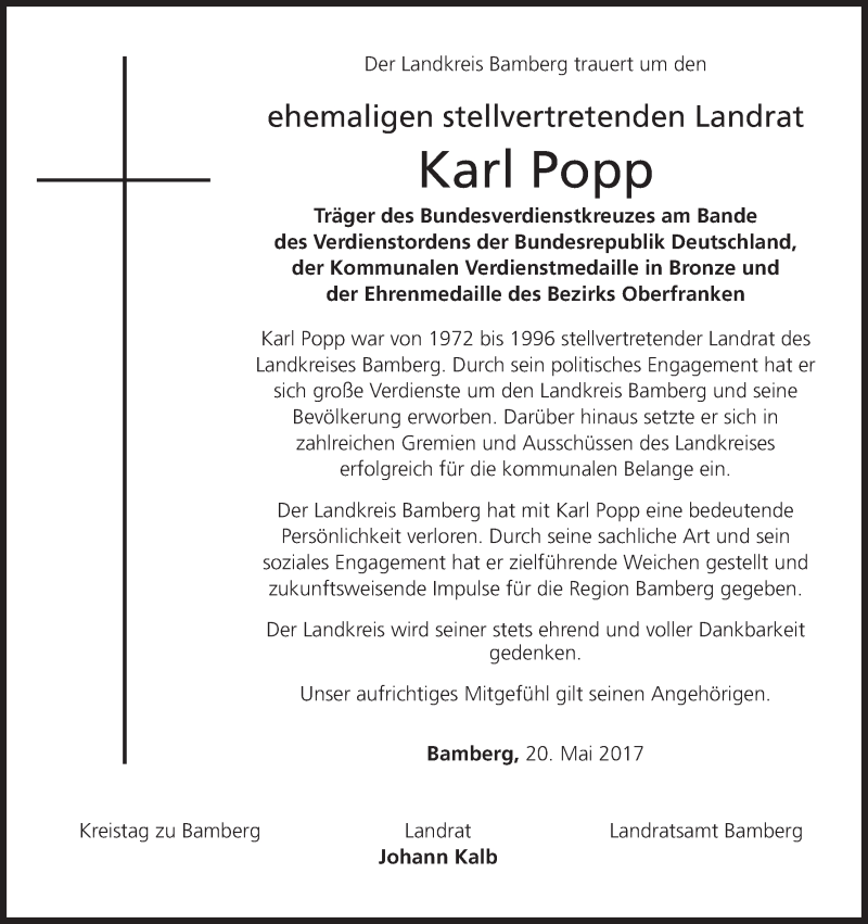  Traueranzeige für Karl Popp vom 20.05.2017 aus MGO