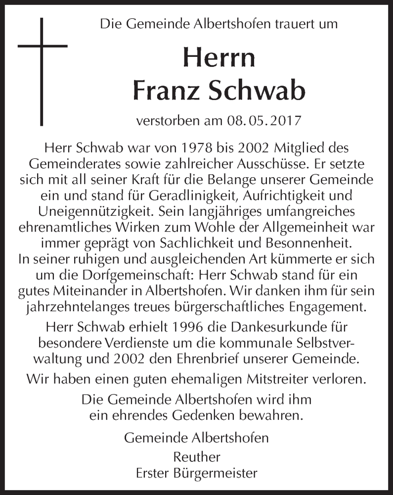  Traueranzeige für Franz Schwab vom 17.05.2017 aus MGO
