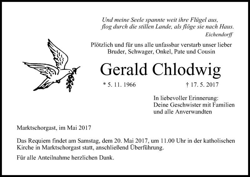  Traueranzeige für Gerald Chlodwig vom 18.05.2017 aus MGO