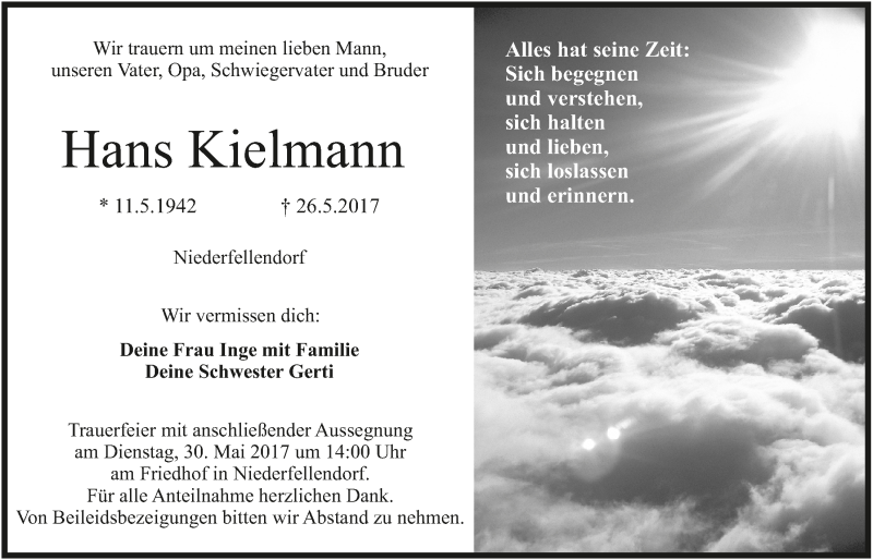  Traueranzeige für Hans Kielmann vom 29.05.2017 aus MGO