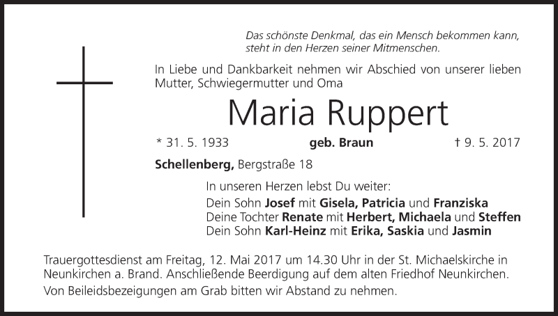  Traueranzeige für Maria Ruppert vom 11.05.2017 aus MGO