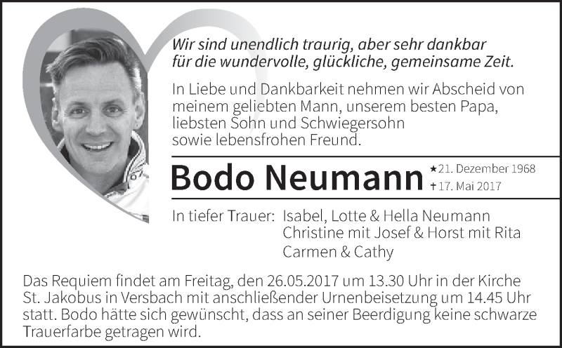  Traueranzeige für Bodo Neumann vom 23.05.2017 aus MGO