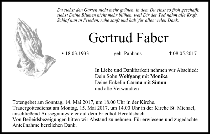  Traueranzeige für Gertrud Faber vom 13.05.2017 aus MGO
