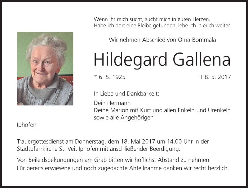  Traueranzeige für Hildegard Gallena vom 13.05.2017 aus MGO