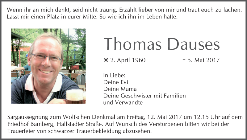  Traueranzeige für Thomas Dauses vom 10.05.2017 aus MGO