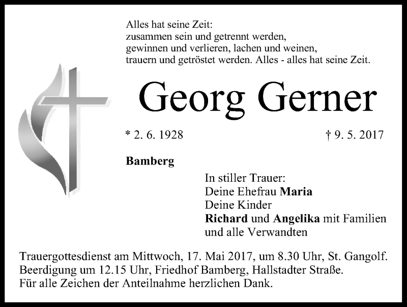  Traueranzeige für Georg Gerner vom 13.05.2017 aus MGO
