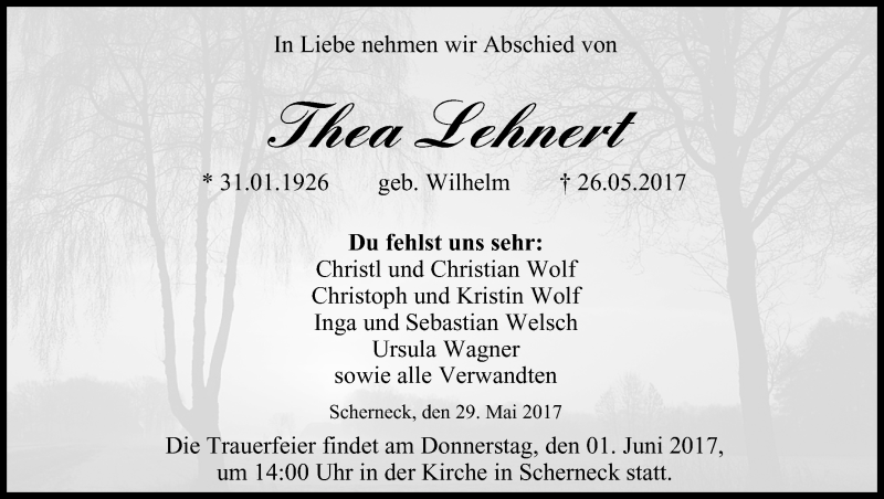  Traueranzeige für Thea Lehnert vom 29.05.2017 aus MGO