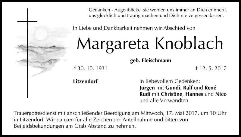  Traueranzeige für Margareta Knoblach vom 13.05.2017 aus MGO