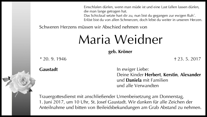  Traueranzeige für Maria Weidner vom 27.05.2017 aus MGO
