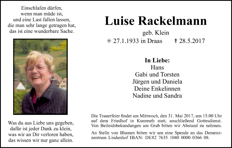  Traueranzeige für Luise Rackelmann vom 30.05.2017 aus MGO