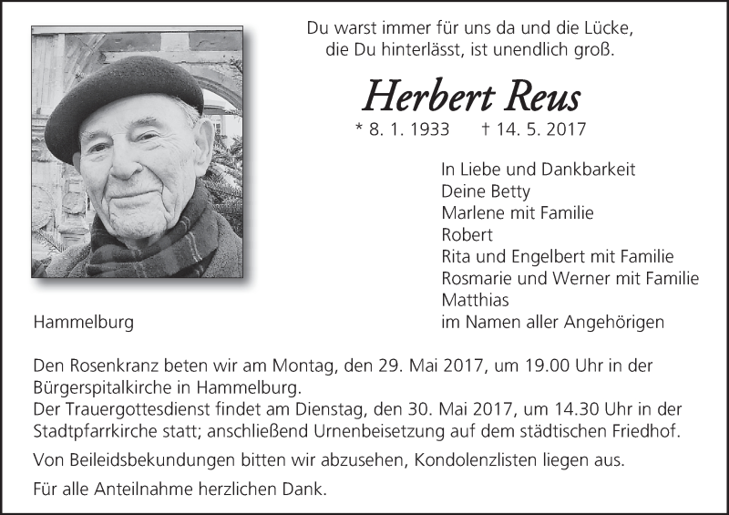  Traueranzeige für Herbert Reus vom 24.05.2017 aus MGO