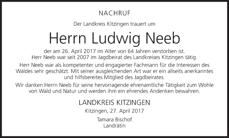  Traueranzeige für Ludwig Neeb vom 03.05.2017 aus MGO