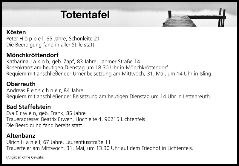  Traueranzeige für Totentafel vom 30.05.2017 vom 30.05.2017 aus MGO