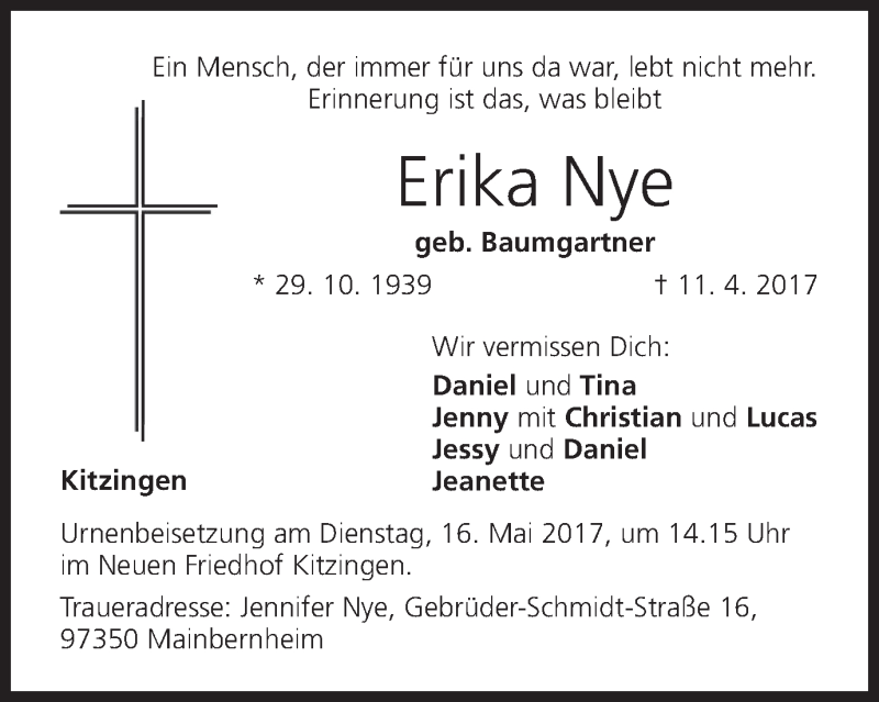  Traueranzeige für Erika Nye vom 13.05.2017 aus MGO
