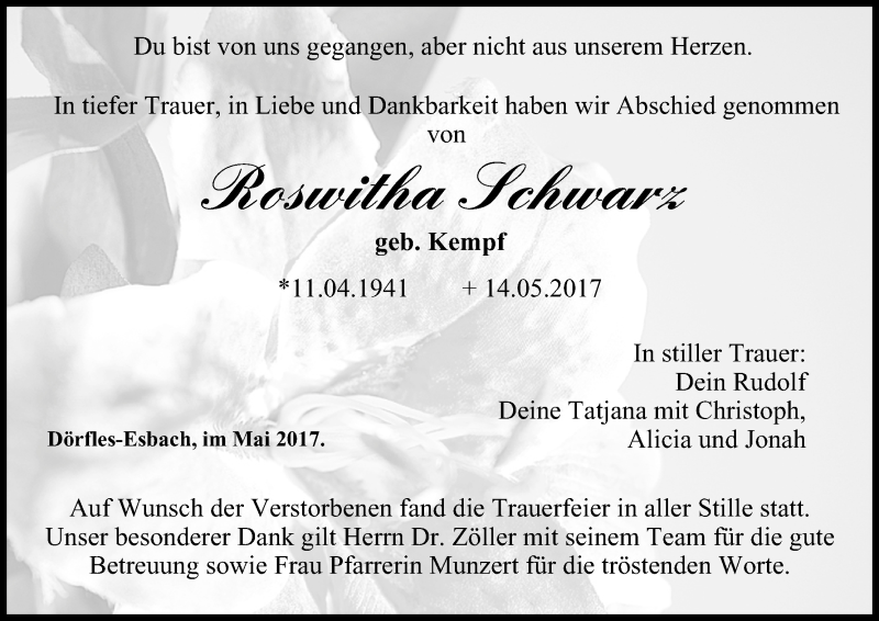  Traueranzeige für Roswitha Schwarz vom 20.05.2017 aus MGO
