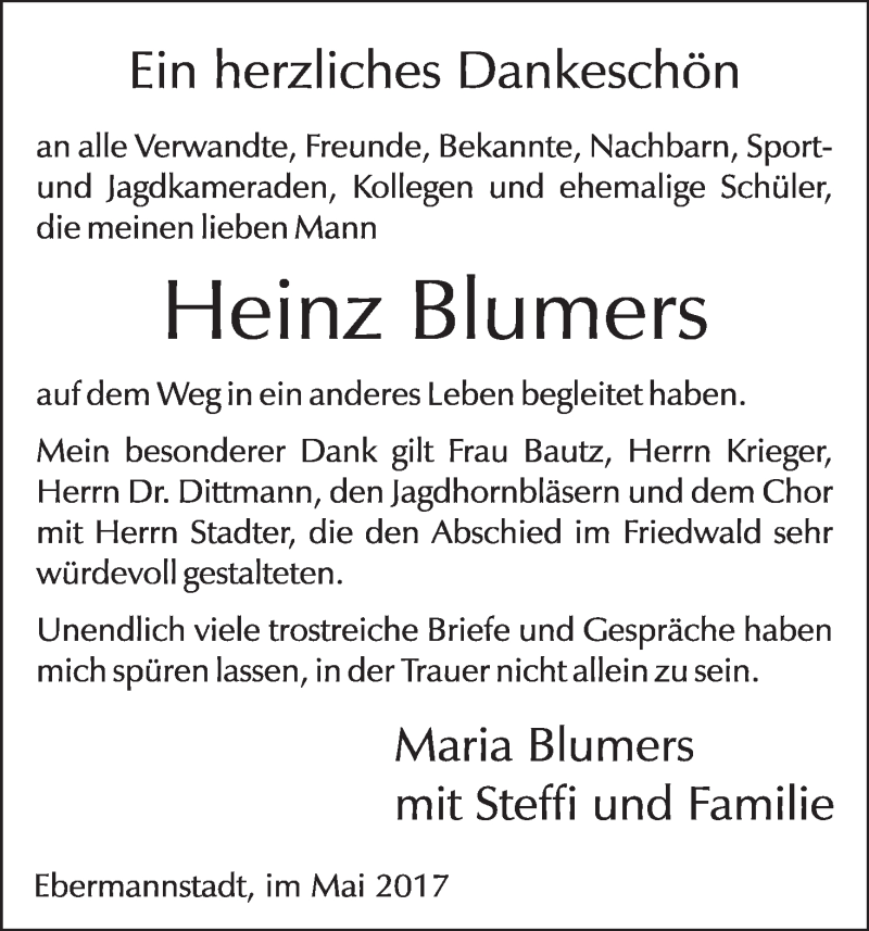 Traueranzeige für Heinz Blumers vom 20.05.2017 aus MGO