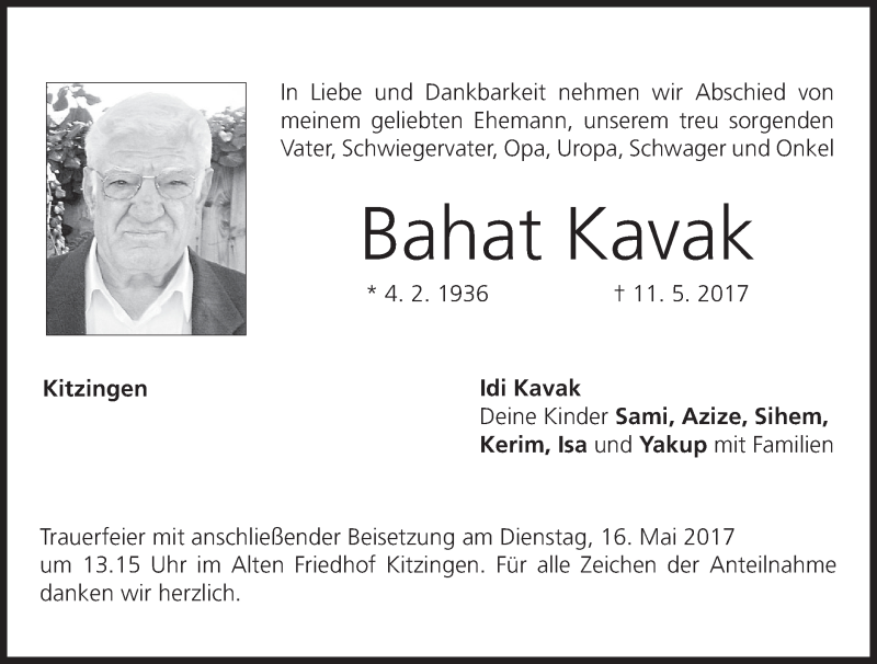  Traueranzeige für Bahat Kavak vom 13.05.2017 aus MGO