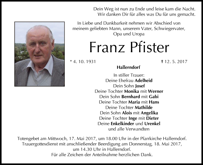  Traueranzeige für Franz Pfister vom 16.05.2017 aus MGO