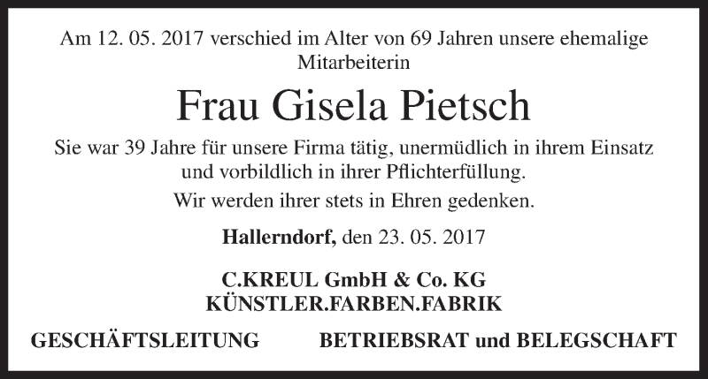  Traueranzeige für Gisela Pietsch vom 23.05.2017 aus MGO