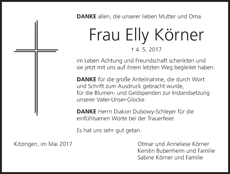  Traueranzeige für Elly Körner vom 27.05.2017 aus MGO