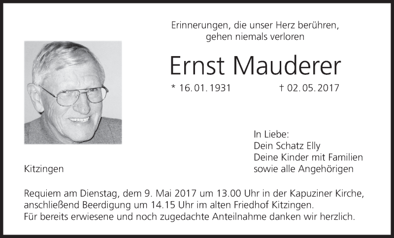  Traueranzeige für Ernst Mauderer vom 06.05.2017 aus MGO