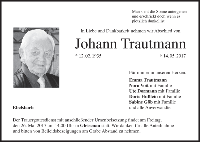  Traueranzeige für Johann Trautmann vom 24.05.2017 aus MGO
