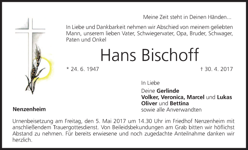  Traueranzeige für Hans Bischoff vom 03.05.2017 aus MGO
