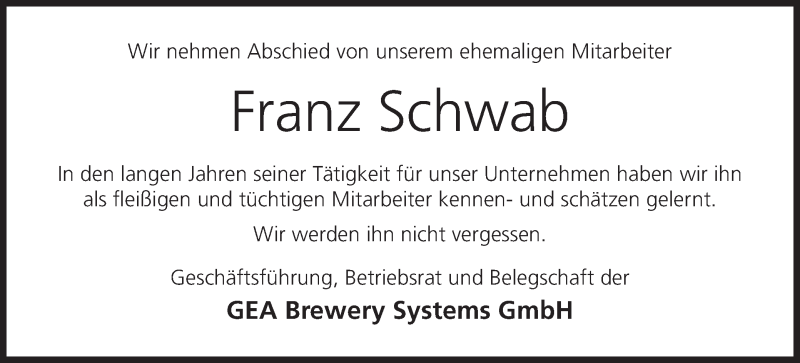  Traueranzeige für Franz Schwab vom 16.05.2017 aus MGO