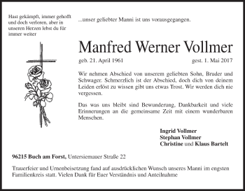 Anzeige von Manfred Werner Vollmer von MGO