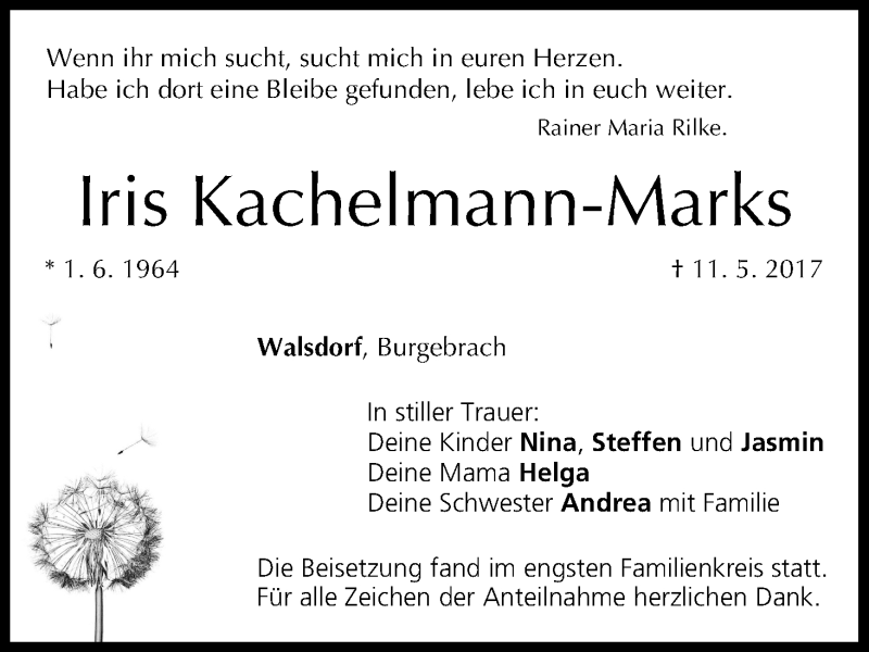  Traueranzeige für Iris Kachelmann-Marks vom 20.05.2017 aus MGO