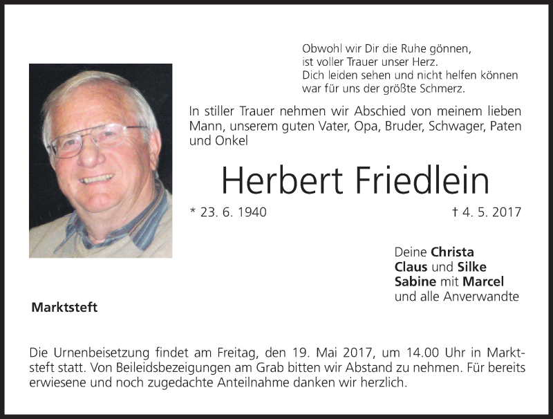  Traueranzeige für Herbert Friedlein vom 13.05.2017 aus MGO